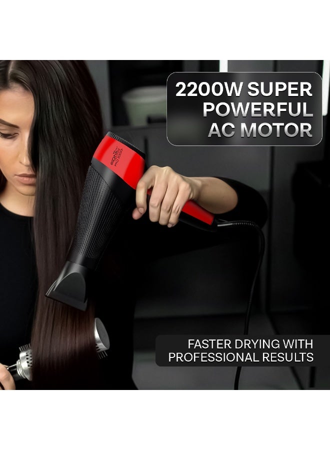 أي كونيك مجفف شعر Ikonic Pro 2200+، بقدرة 2200 واط مع محرك AC قوي، تقنية الأيونات، سرعتان و3 إعدادات للحرارة، زر هواء بارد (Cool Shot)، ضوضاء منخفضة، مع موزّع هواء وفوهة، مناسب للنساء والرجال، أحمر وأسود، مناسب لجميع أنواع الشعر. - Image 2